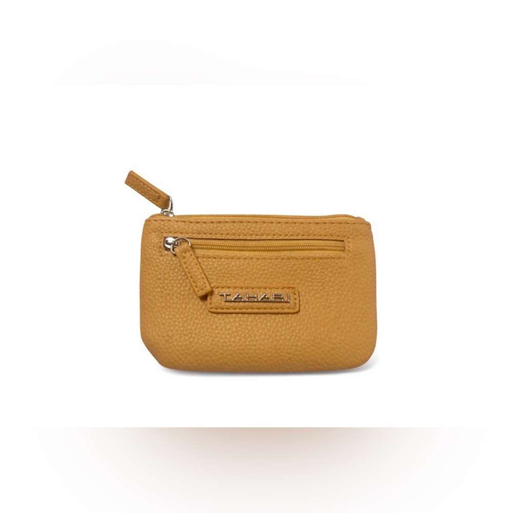 Tahari Leather ID Wallet Tan Zip Card Holder Minimal Pouch